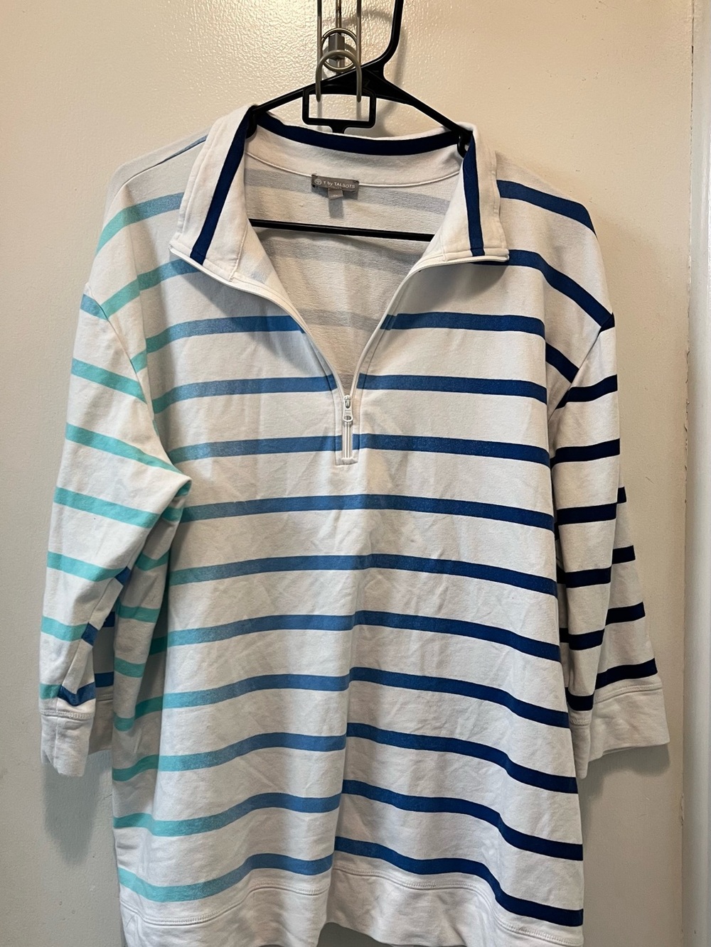 Talbots White Half-Zip Long Sleeve Top with Blue Stripes